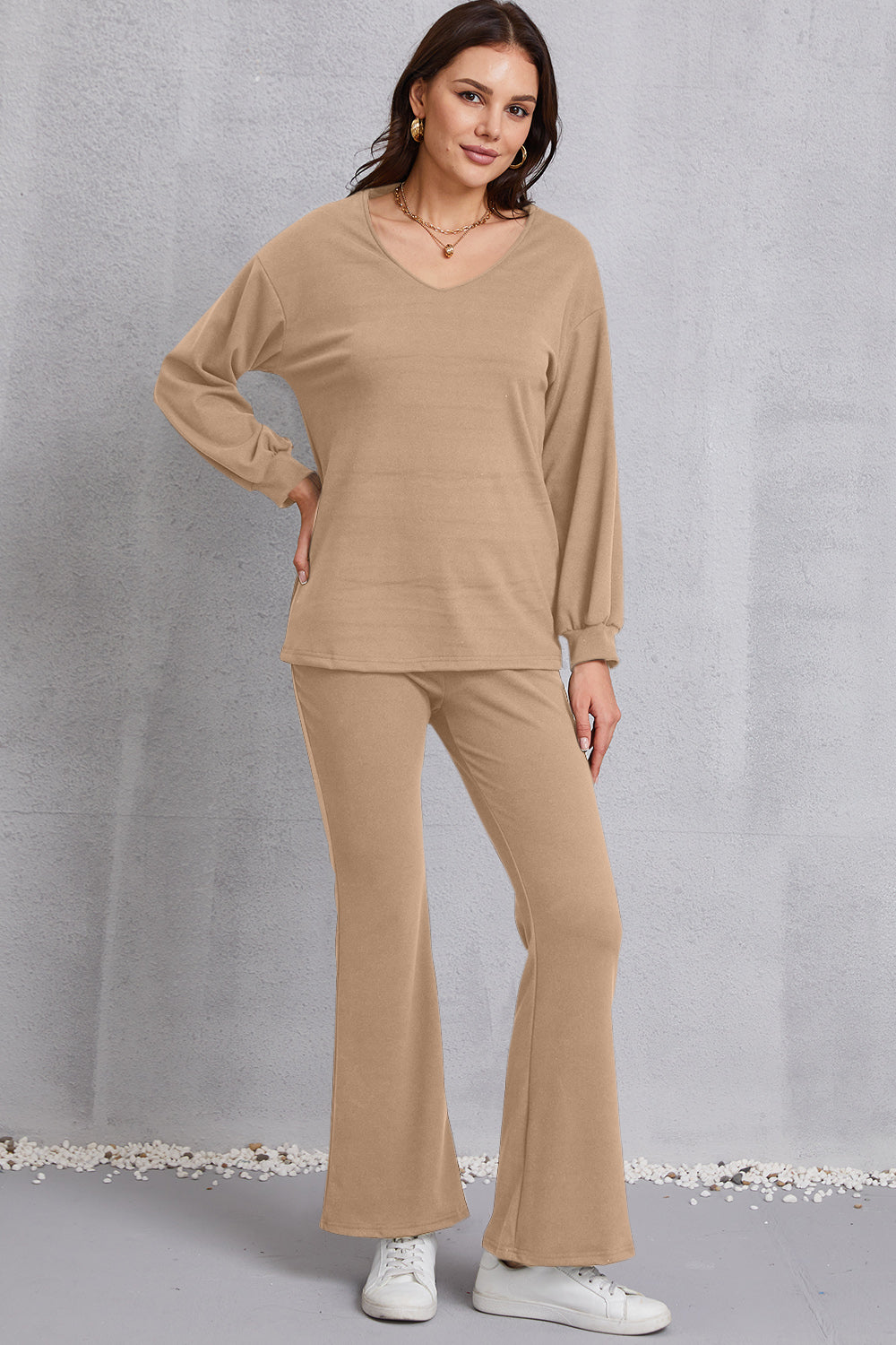 V-Neck Dropped Shoulder Top and Flare Pants Set