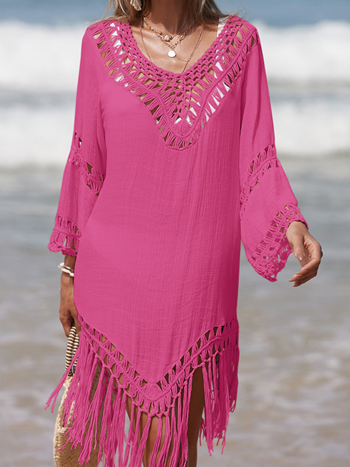 Cutout Fringe Scoop Neck Cover-Up