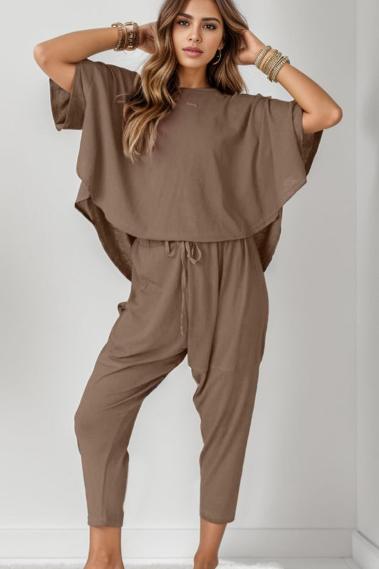 Round Neck Dropped Shoulder Top and Pants Set