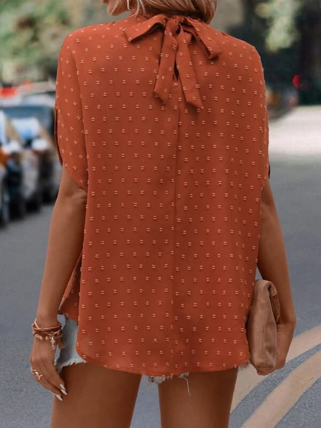 Swiss Dot Mock Neck Half Sleeve Blouse