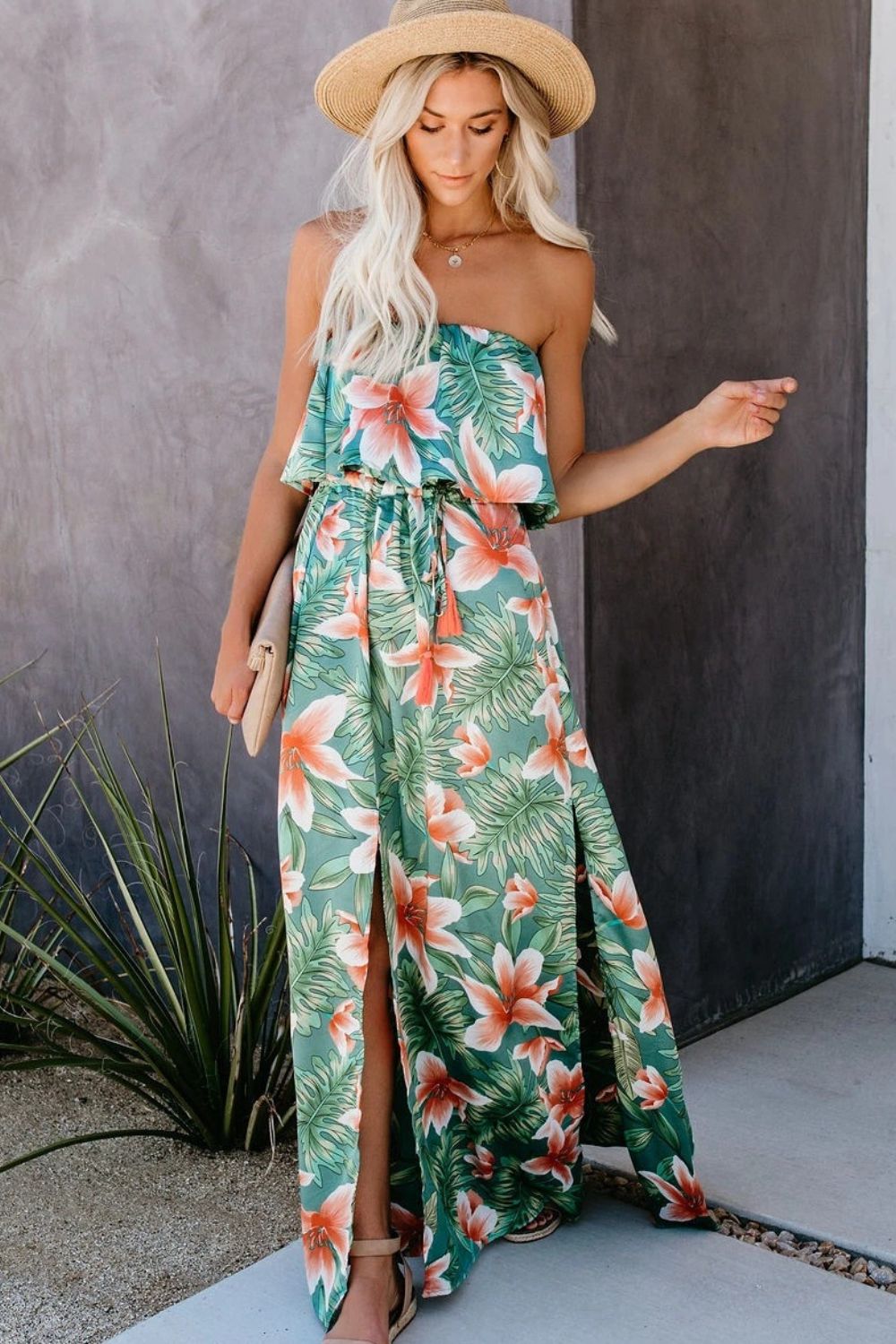 Slit Tropical Sleeveless Tube Dress