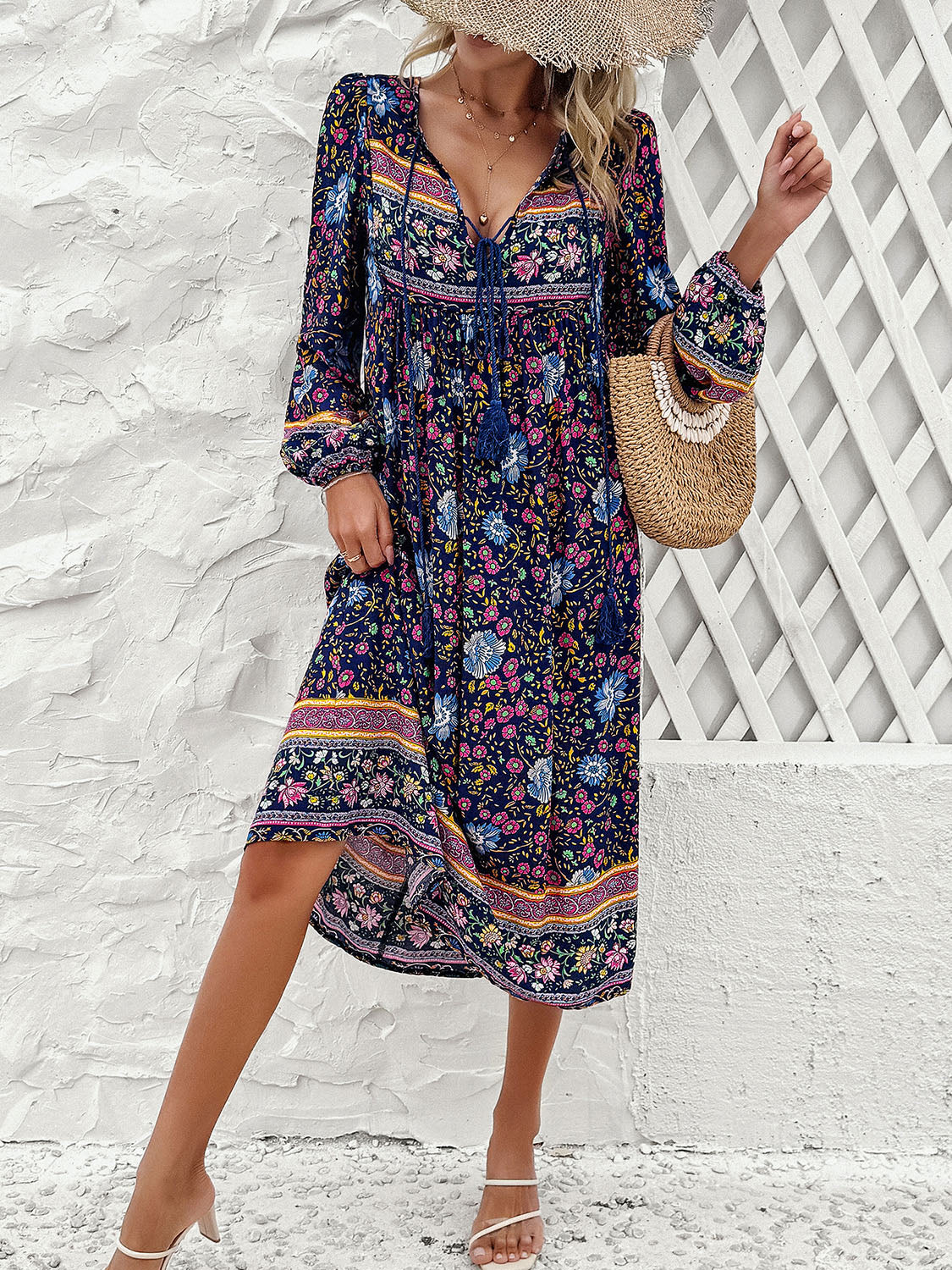 Tassel Tied Printed Long Sleeve Dress