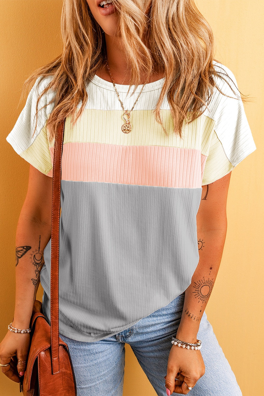 Color Block Round Neck Short Sleeve T-Shirt