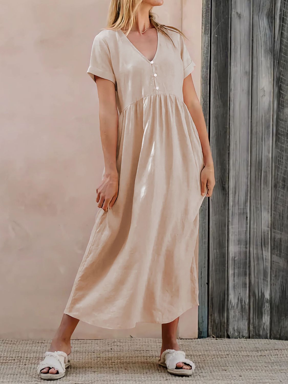 V-Neck Short Sleeve Midi Dress