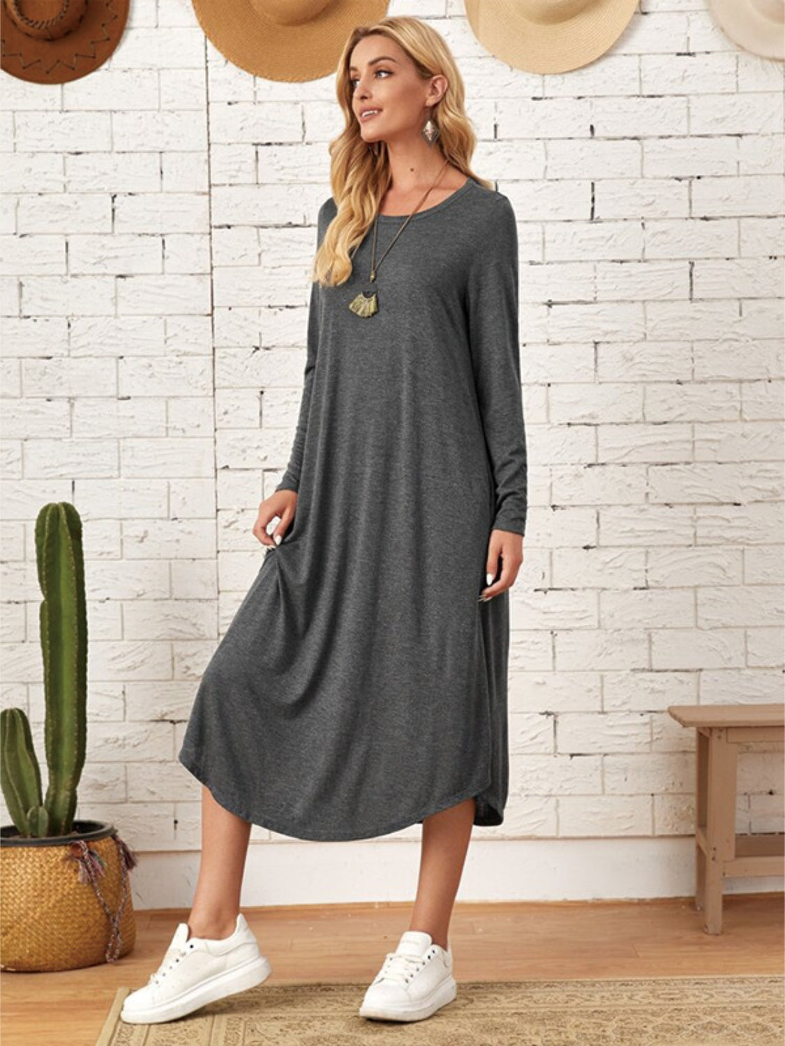 Pocketed Round Neck Long Sleeve Tee Dress