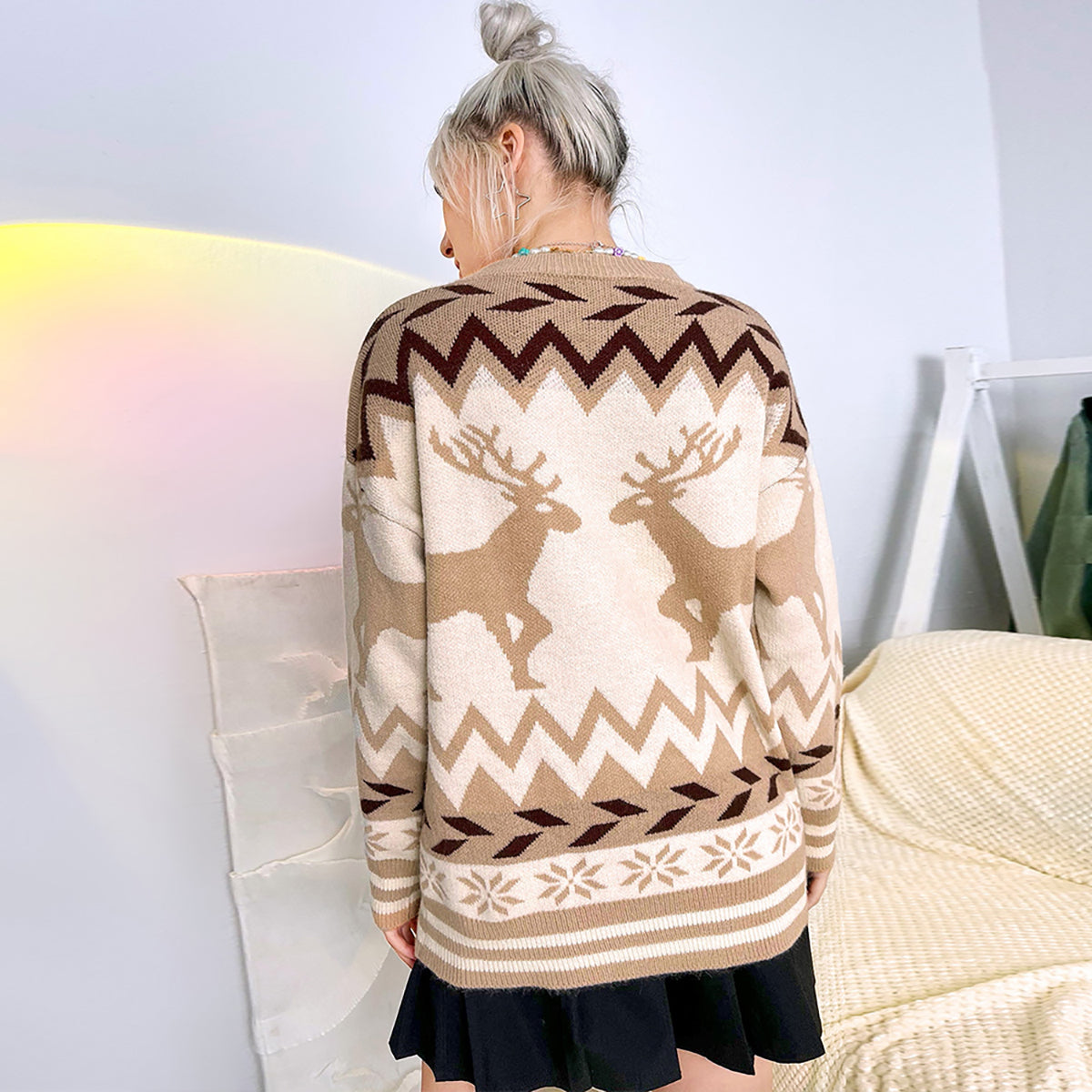 Geometric Round Neck Dropped Shoulder Sweater