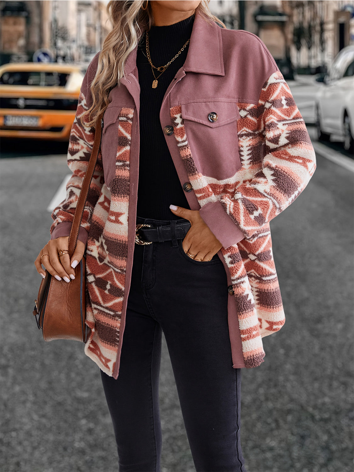 Geometric Collared Neck Buttoned Jacket