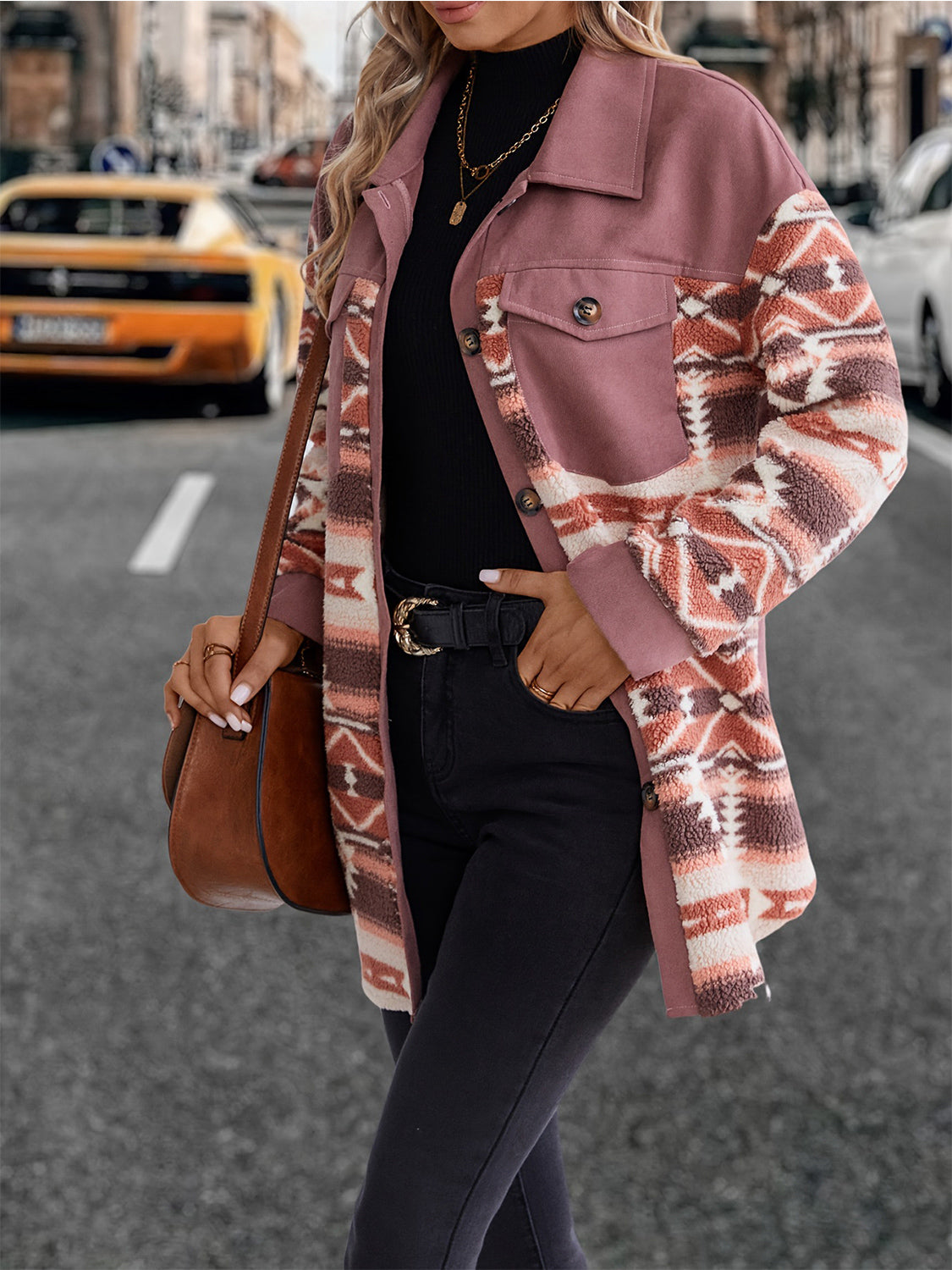 Geometric Collared Neck Buttoned Jacket