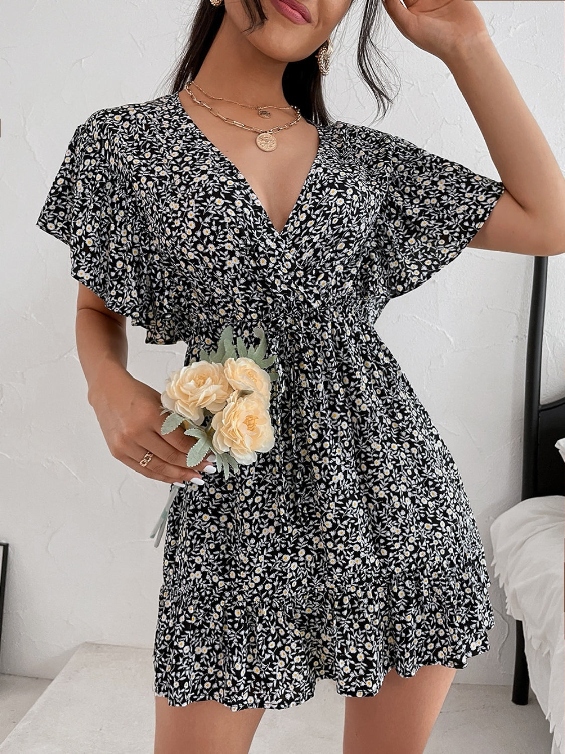 Cutout Ditsy Floral Surplice Flounce Sleeve Dress