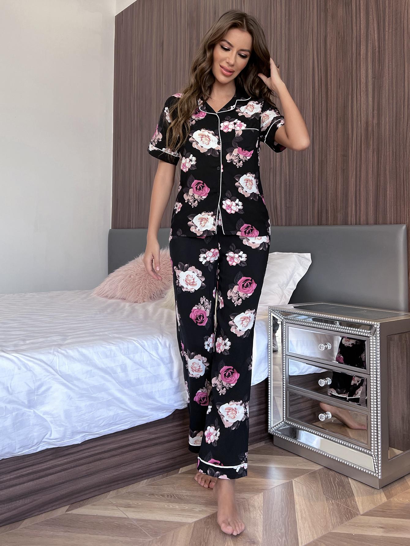 Floral Short Sleeve Shirt and Pants Lounge Set